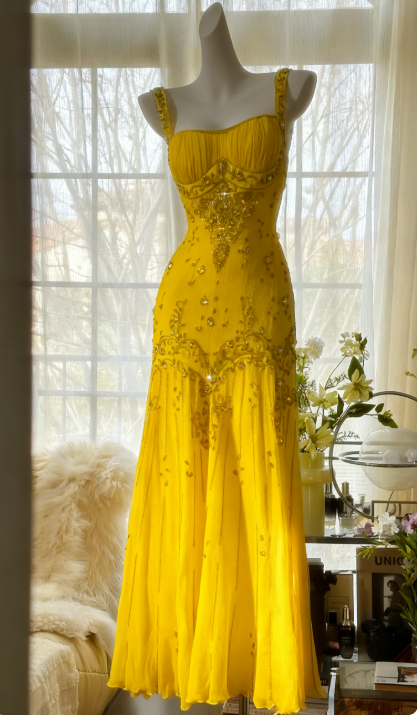 Elegant Spaghetti Straps Apricot Beaded Chiffon Mermaid Gowns Vintage Backless Formal Prom Dresses