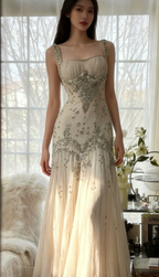 Elegant Spaghetti Straps Apricot Beaded Chiffon Mermaid Gowns Vintage Backless Formal Prom Dresses