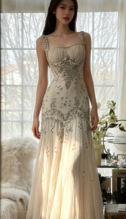 Elegant Spaghetti Straps Apricot Beaded Chiffon Mermaid Gowns Vintage Backless Formal Prom Dresses