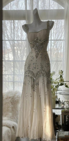 Elegant Spaghetti Straps Apricot Beaded Chiffon Mermaid Gowns Vintage Backless Formal Prom Dresses