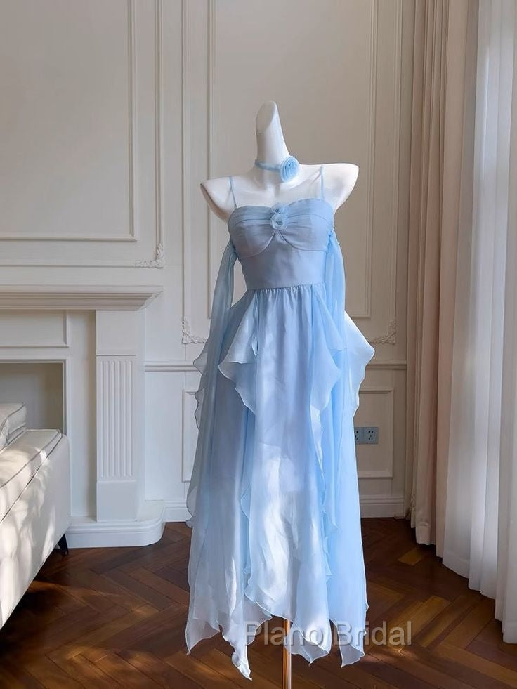 Elegant Spaghetti Straps Blue Chiffon Homecoming Dresses Birthday Dresses