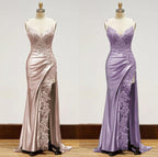 Elegant Black Spaghetti Straps Formal Evening Dresses Satin Sheath Long Formal Prom Dresses With Slits