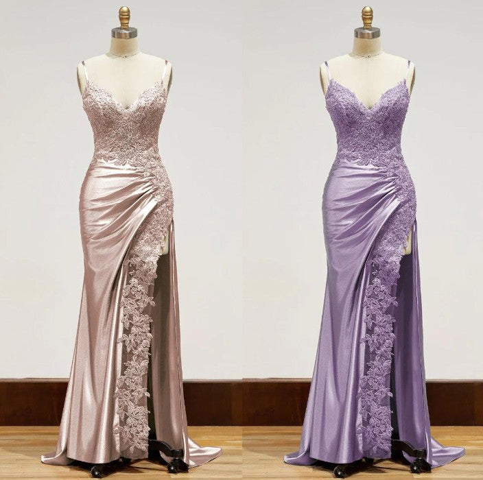 Elegant Black Spaghetti Straps Formal Evening Dresses Satin Sheath Long Formal Prom Dresses With Slits