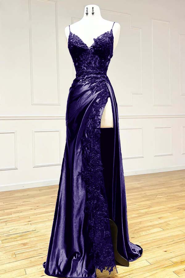 Elegant Black Spaghetti Straps Formal Evening Dresses Satin Sheath Long Formal Prom Dresses With Slits