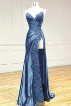 Elegant Black Spaghetti Straps Formal Evening Dresses Satin Sheath Long Formal Prom Dresses With Slits