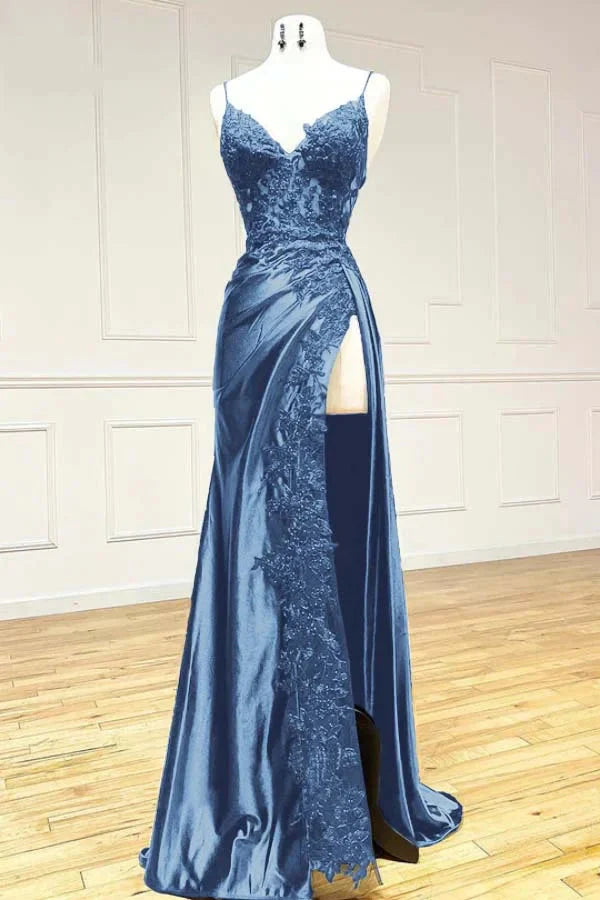 Elegant Black Spaghetti Straps Formal Evening Dresses Satin Sheath Long Formal Prom Dresses With Slits