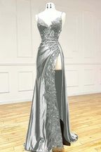 Elegant Black Spaghetti Straps Formal Evening Dresses Satin Sheath Long Formal Prom Dresses With Slits