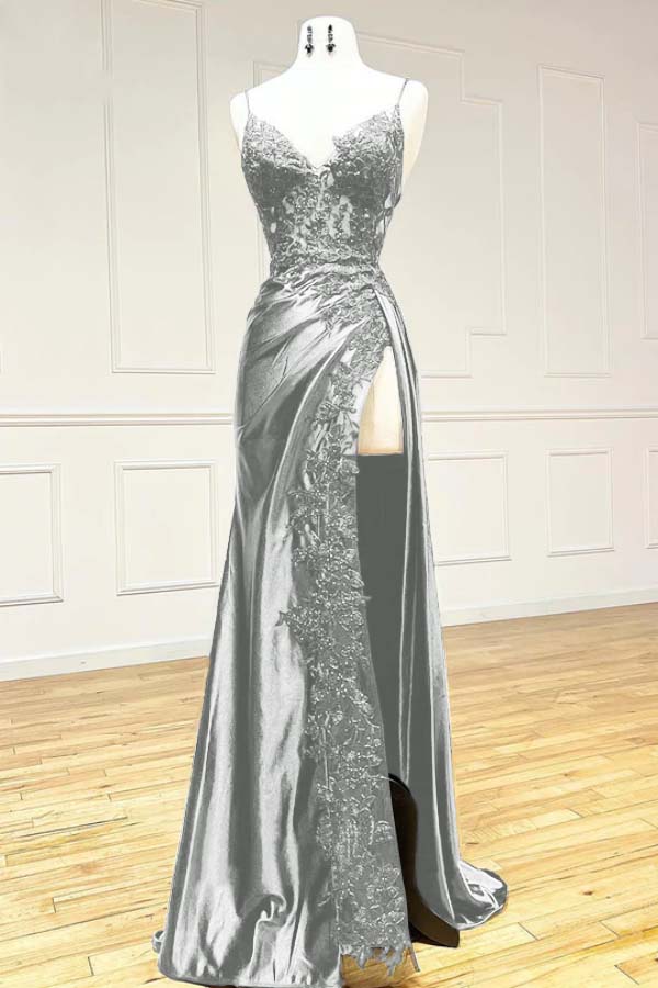 Elegant Black Spaghetti Straps Formal Evening Dresses Satin Sheath Long Formal Prom Dresses With Slits