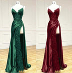 Elegant Black Spaghetti Straps Formal Evening Dresses Satin Sheath Long Formal Prom Dresses With Slits