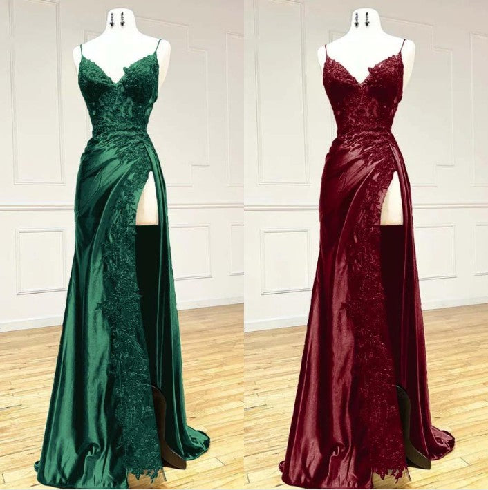 Elegant Black Spaghetti Straps Formal Evening Dresses Satin Sheath Long Formal Prom Dresses With Slits