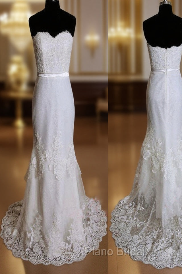 Elegant Special Column Strapless Lace Sweetheart Neckline Layered Skirt Sweep Trailing Wedding Dresses, Main image