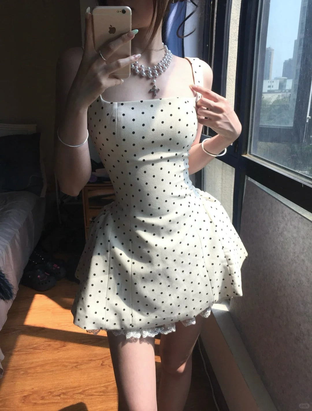Elegant Square Neck Polka Dot Straps Back Tie Mini Homecoming Dresses