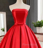 Elegant Strapless Ball Gown Red Formal Prom Dresses With Bow