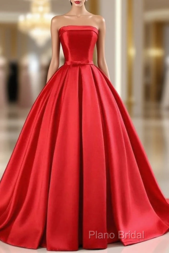 Elegant Strapless Ball Gown Red Formal Prom Dresses With Bow Main image