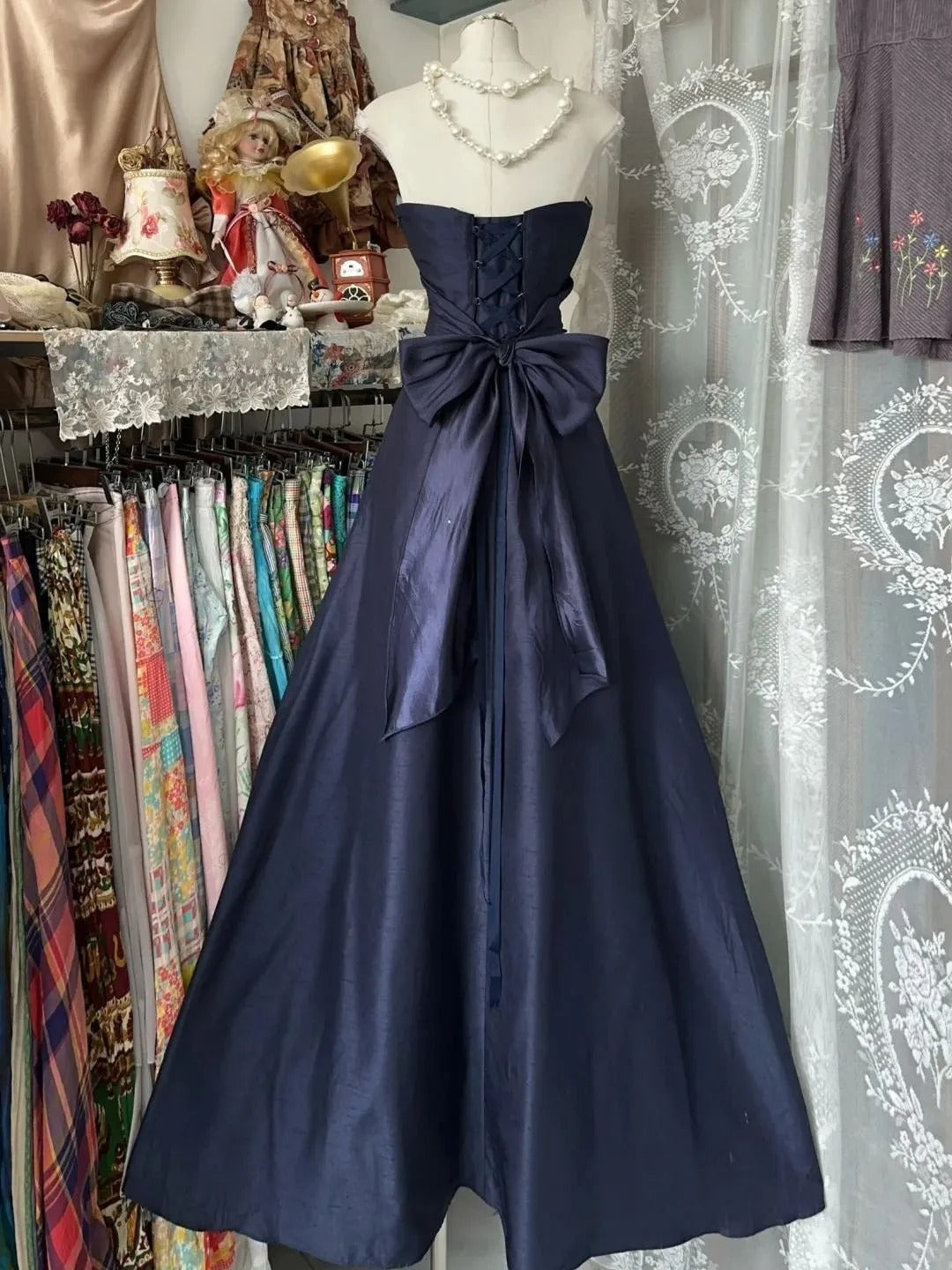 Elegant Strapless Blue Bow Sleeveless A-Line Prom Dress