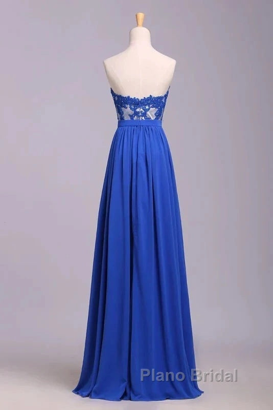 Elegant Strapless Chiffon Evening Lace Appliques Long Formal Prom Dresses Royal Blue