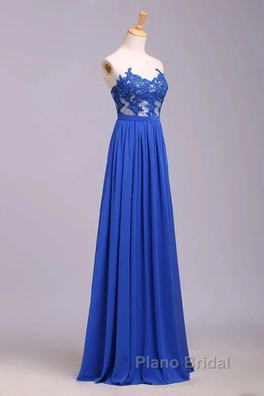 Elegant Strapless Chiffon Evening Lace Appliques Long Formal Prom Dresses Royal Blue
