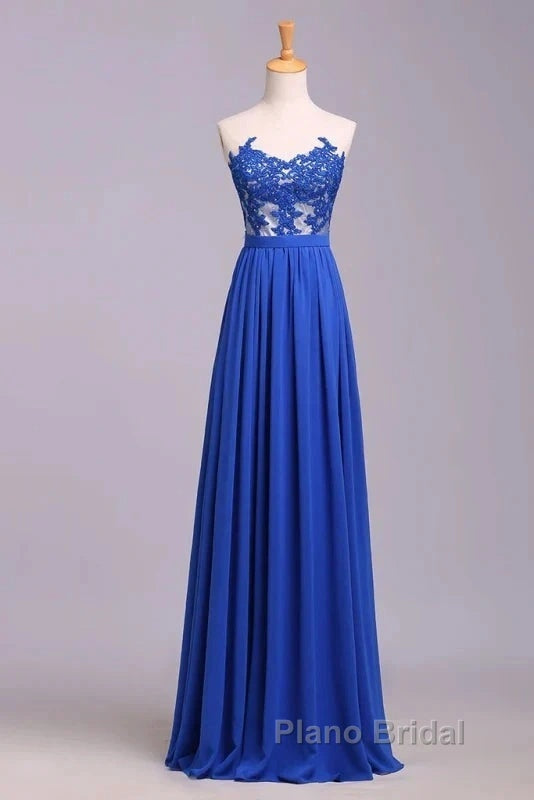Elegant Strapless Chiffon Evening Lace Appliques Long Formal Prom Dresses Royal Blue