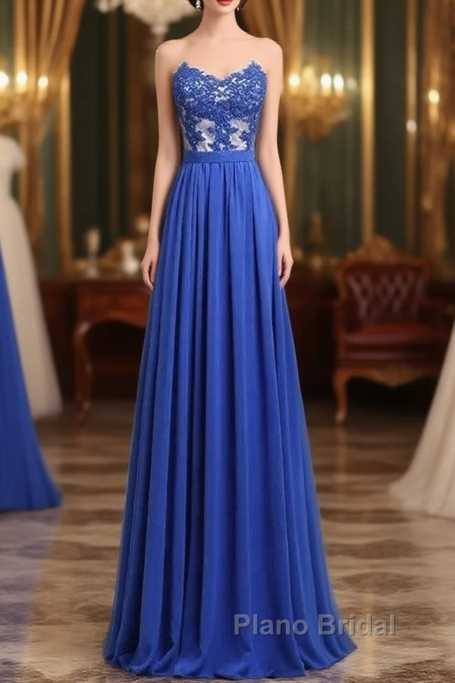 Elegant Strapless Chiffon Evening Lace Appliques Long Formal Prom Dresses Royal Blue
