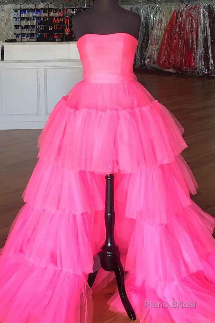 Elegant Strapless Layered Hot Pink Long Prom Dress with Slit Formal Gown Main image