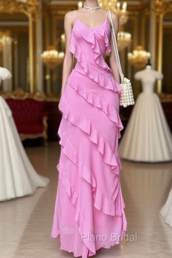 Elegant Straps Sheath Chiffon Formal Prom Dresses Pink Ruffles Long Party Dresses