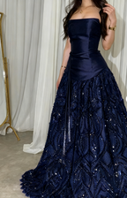Elegant Straps Sheath Midnight Blue Long Formal Prom Dresses Satin Midnight Blue Formal Evening Gowns