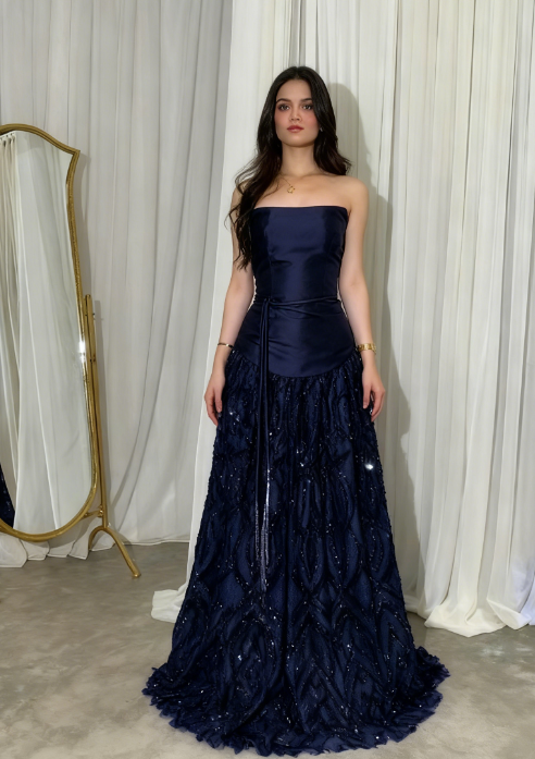 Elegant Straps Sheath Midnight Blue Long Formal Prom Dresses Satin Midnight Blue Formal Evening Gowns