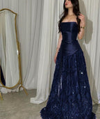 Elegant Straps Sheath Midnight Blue Long Formal Prom Dresses Satin Midnight Blue Formal Evening Gowns