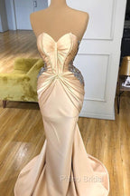 Elegant Sweetheart Champagne Formal Prom Dresses Mermaid Long With Crystals