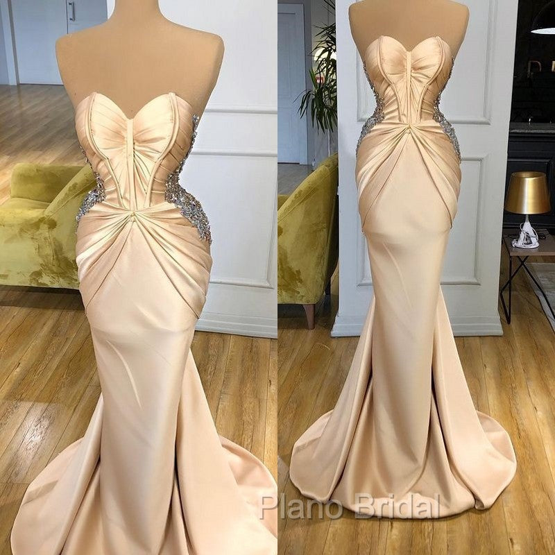 Elegant Sweetheart Champagne Formal Prom Dresses Mermaid Long With Crystals