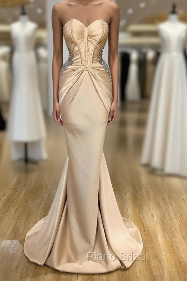 Elegant Sweetheart Champagne Formal Prom Dresses Mermaid Long With Crystals Main image