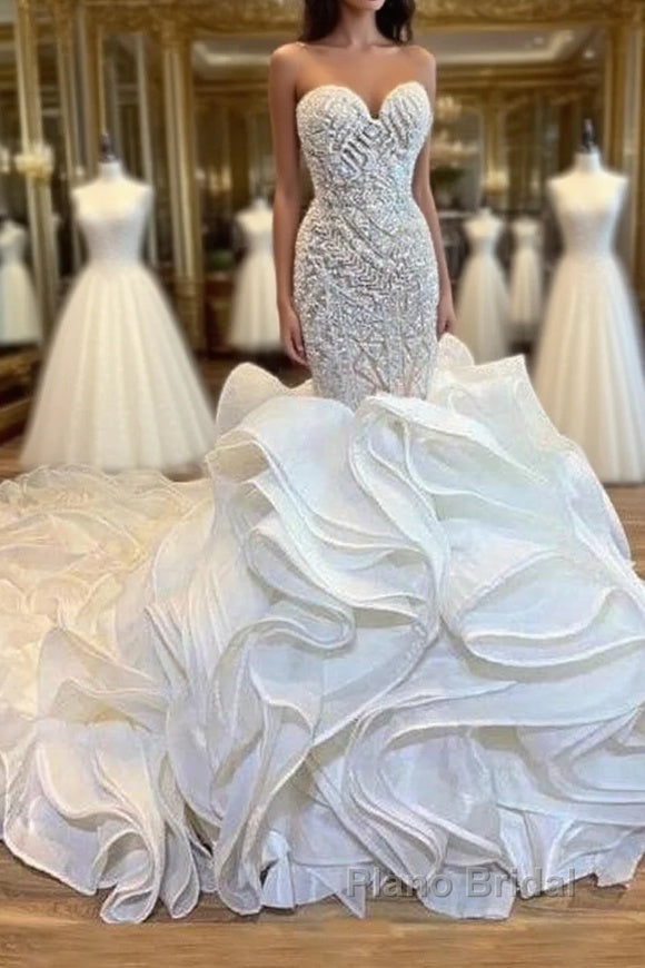 Elegant Sweetheart Lace Up Crystal Mermaid Wedding Dresses Main image