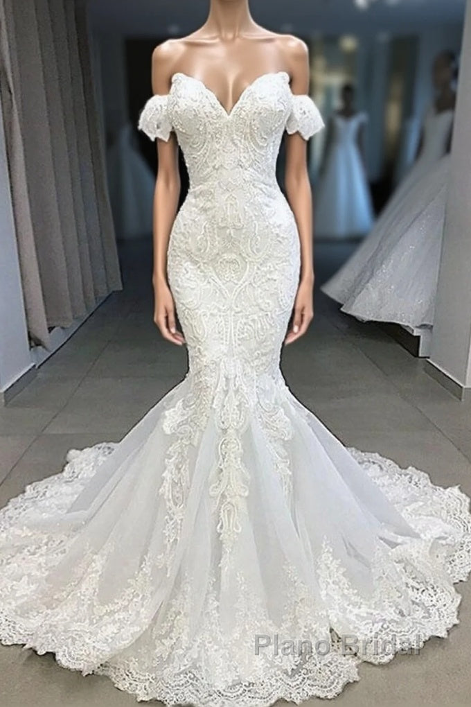 Elegant Sweetheart Short Sleeves Lace Mermaid Wedding Dresses Main image