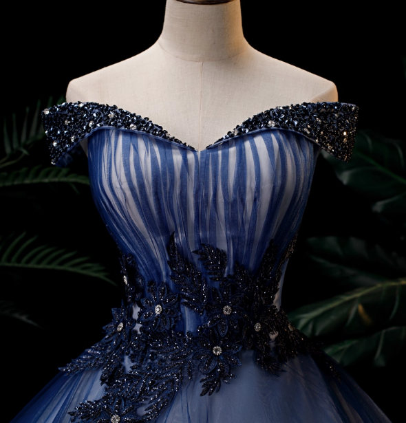 Elegant Teal Blue Off-The-Shoulder Embroidered Tulle Ball Gown Prom Dresses Sweet 16 Dresses