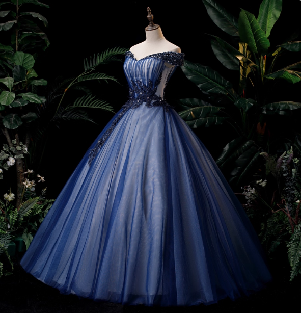 Elegant Teal Blue Off-The-Shoulder Embroidered Tulle Ball Gown Prom Dresses Sweet 16 Dresses