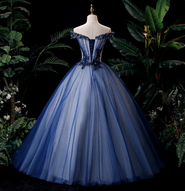 Elegant Teal Blue Off-The-Shoulder Embroidered Tulle Ball Gown Prom Dresses Sweet 16 Dresses