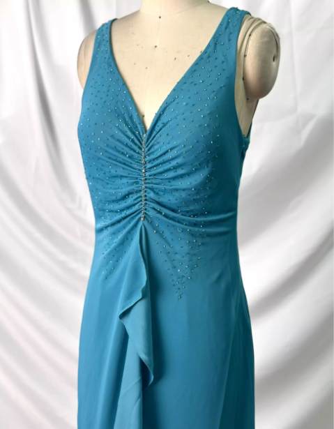Elegant Teal Blue V-Neck Ruffled Beaded Chiffon Long Formal Prom Dresses Secondary image