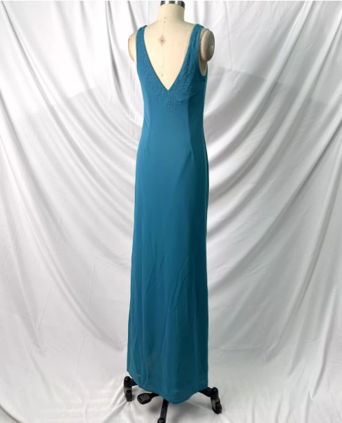 Elegant Teal Blue V-Neck Ruffled Beaded Chiffon Long Formal Prom Dresses