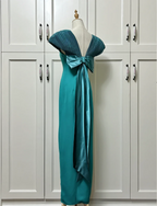 Elegant Teal Bow Fitted Satin Long Formal Prom Dresses