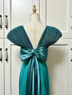Elegant Teal Bow Fitted Satin Long Formal Prom Dresses