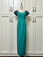 Elegant Teal Bow Fitted Satin Long Formal Prom Dresses