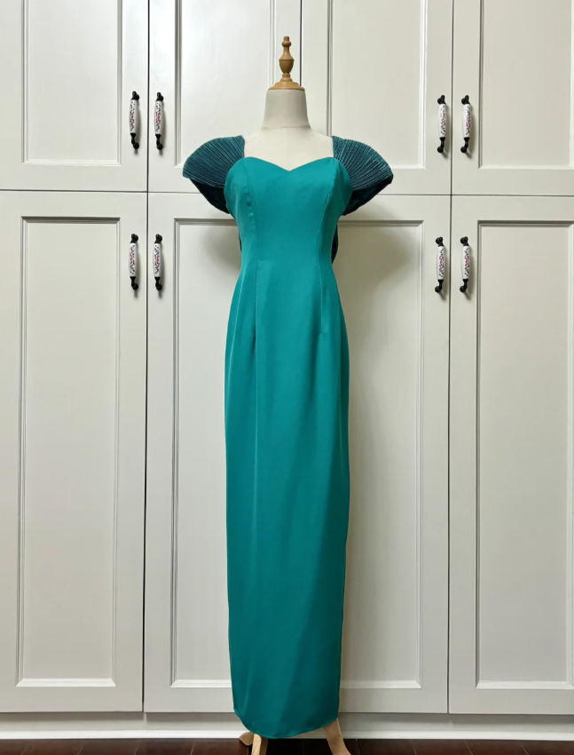 Elegant Teal Bow Fitted Satin Long Formal Prom Dresses