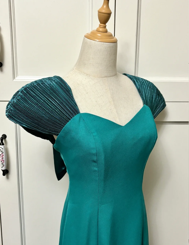 Elegant Teal Bow Fitted Satin Long Formal Prom Dresses