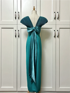 Elegant Teal Bow Fitted Satin Long Formal Prom Dresses