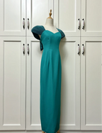 Elegant Teal Bow Fitted Satin Long Formal Prom Dresses