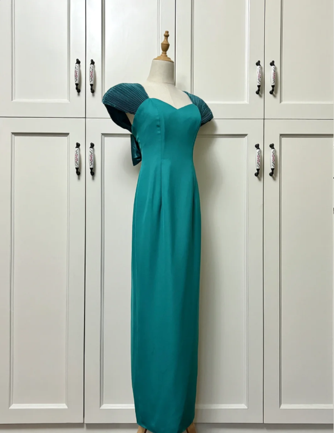 Elegant Teal Bow Fitted Satin Long Formal Prom Dresses