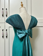 Elegant Teal Bow Fitted Satin Long Formal Prom Dresses