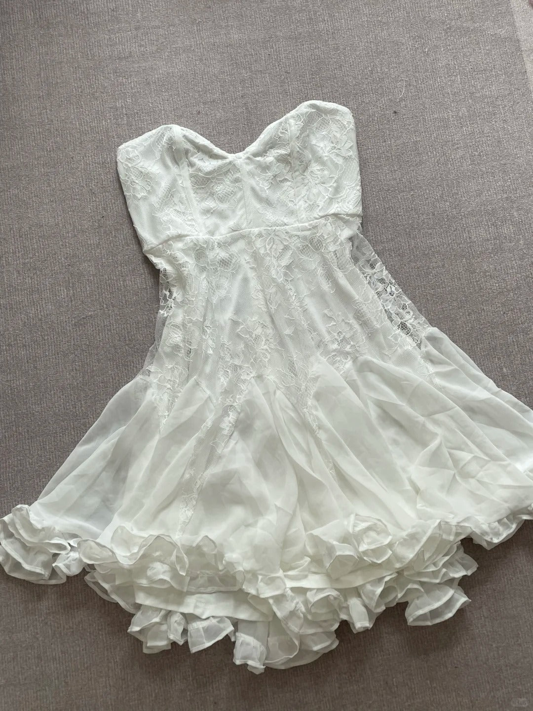 Elegant Tube Top White Lace Splicing Mesh A-Line 17Th Birthday Homecoming Dresses