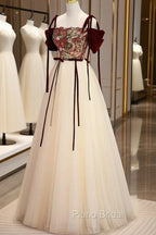 Elegant Tulle Embroidery Long Evening Dresses, Cute Off the Shoulder Party Dresses
