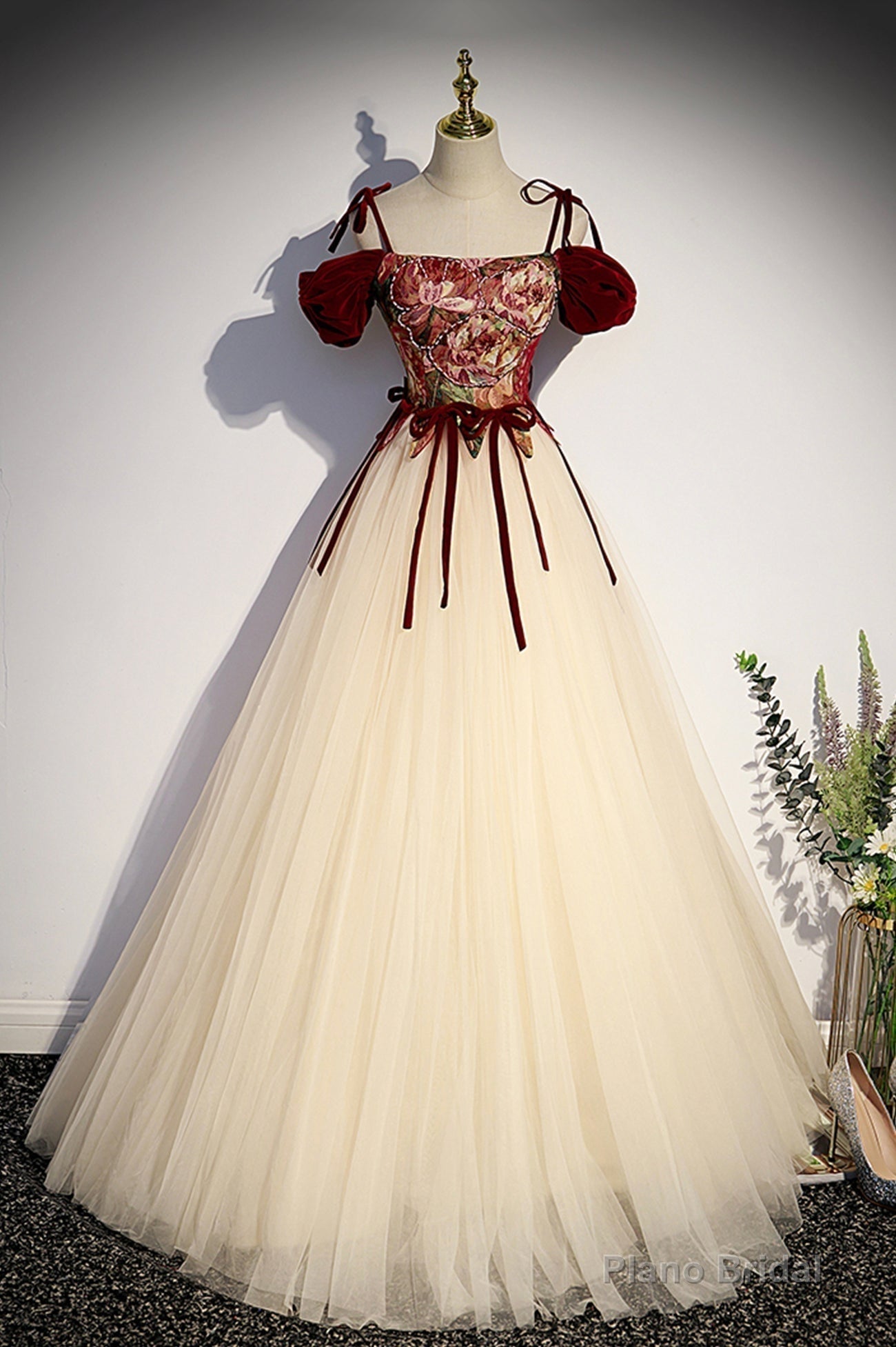 Elegant Tulle Embroidery Long Evening Dress, Off the Shoulder Party Dress Main image